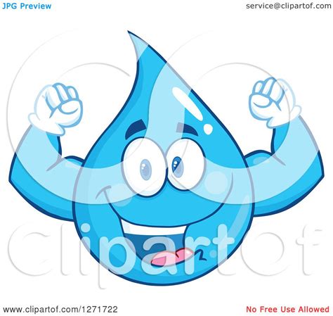 Clipart Of A Happy Blue Water Drop Character Flexing His Muscles Royalty Free Vector