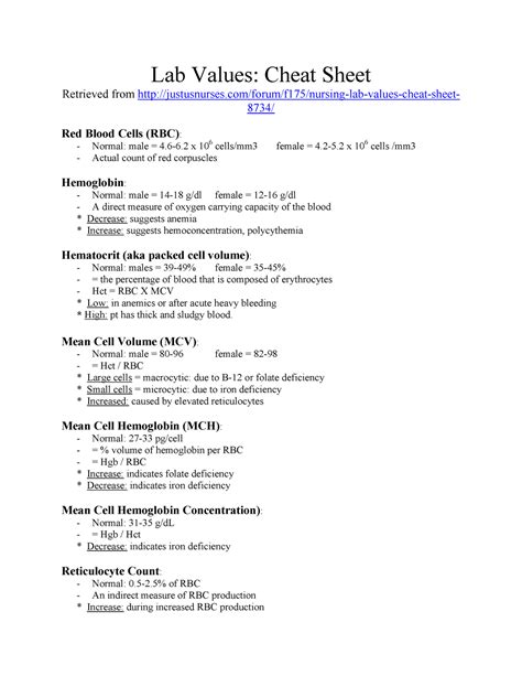 Lab Values Cheat Sheet Lab Values Cheat Sheet Retrieved From Studocu