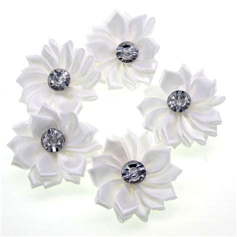 12pcs white satin ribbon flowers with rhinestone multilayers fabric flowers appliques