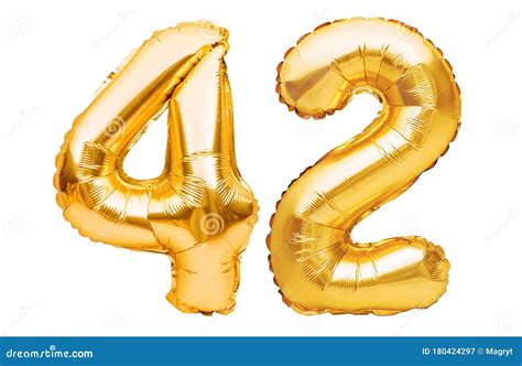 Number 42 Forty Two Made Of Golden Inflatable Balloons Isolated On