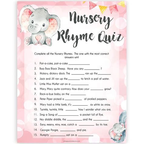 This free printable baby shower invitation is perfect if you are not sure how many guests you are having. Nursery Rhyme Quiz Game - Pink Elephant Printable Baby ...