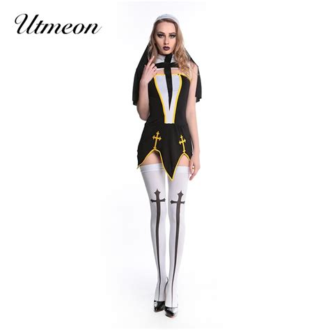 Utmeon Sexy Nun Costume Adult Women Cosplay Dress With Black Hood For Halloween Costume Sister