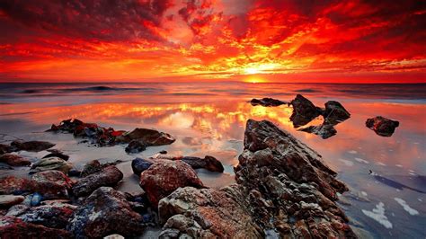 Red Rocks Amazing Shore Glow Fiery Beautiful Sunset Waves Sky