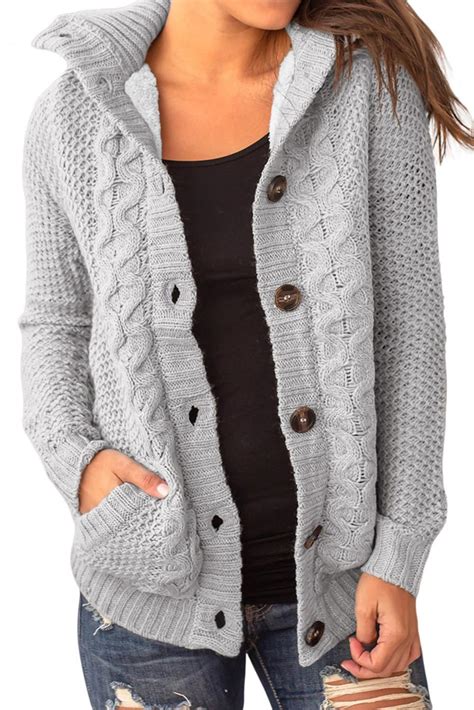 2999 Asvivid Womens Button Down Cable Knit Cardigans Fleece Hooded
