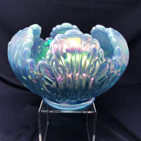 Vintage Home Decor Blue Opalescent Art Glass Bowl Etsy Glass Art Art Glass Bowl Vintage