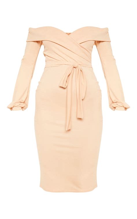 Fawn Long Sleeve Wrap Bardot Midi Dress Prettylittlething Usa