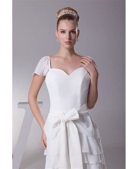 Sweetheart Layered Sash White Bridal Dress With Cap Sleeves Op4293