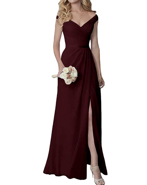 Yilis Elegant V Neck Chiffon Slit Long Bridesmaid Dress Wedding Evening Dress