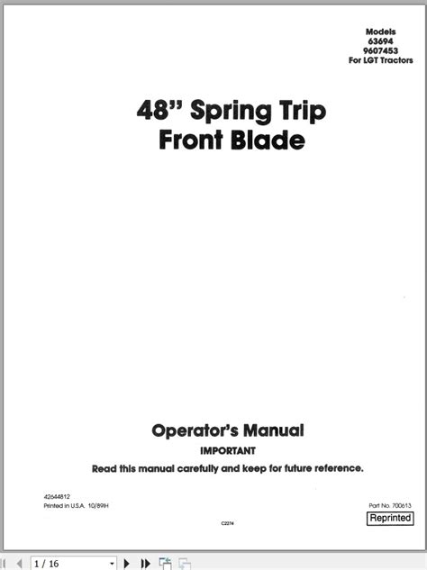 New Holland Tractor 48 Inch Spring Trip Front Blade Operators Manual