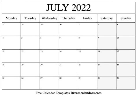 Free Printable July 2022 Calendar