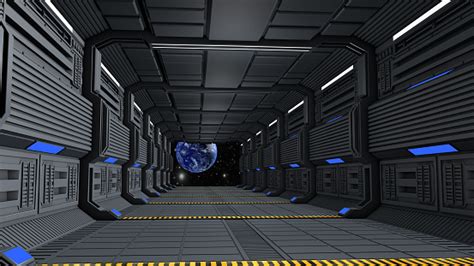 Space Station Corridor And Spacewalk 3d Rendering Stock Photo