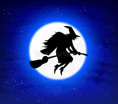 Flying Witch On A Broomstick On The Background Of The Full Moon Stock
