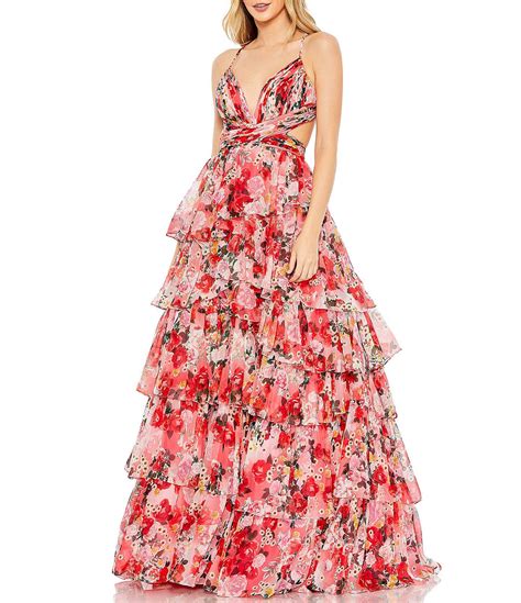 Mac Duggal Floral Print Deep V Neck Sleeveless Cut Out Open Back Detail Tiered Ruffle Ball Gown