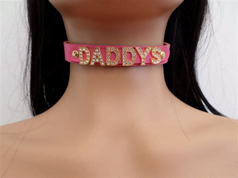 Fetish Real Leather Daddys Collar With Gold Diamante Letters Etsy
