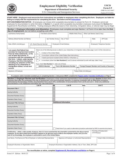 Free I 9 Form Employment Eligibility Verification PDF EForms