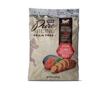 It comes in salmon, chicken, or beef. Pure Being Premium Dog Food - Aldi — USA - Specials archive