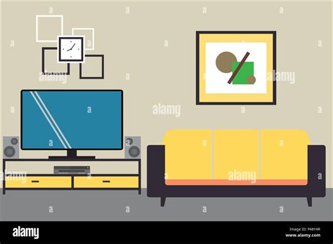 Cartoon Graphic Living Room Interior Design With Furnitureflat Vector