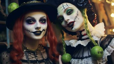 Spooky Halloween Celebration Two Women In Spooky Costume Looking At