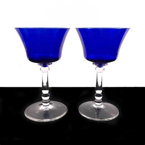 Sherry Glasses Set In Cobalt Blue With Clear Ball Stems Pair Of 2 Vintage Liqueur Cordial