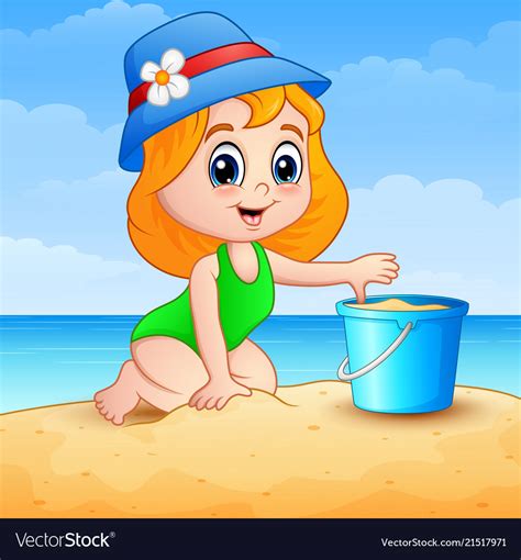 Little Girl Cartoon Playing A Sand On Beach Vector Image