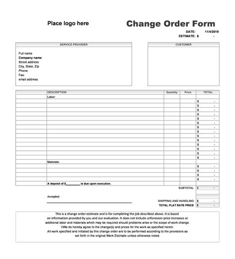 Free Printable Change Order Form
