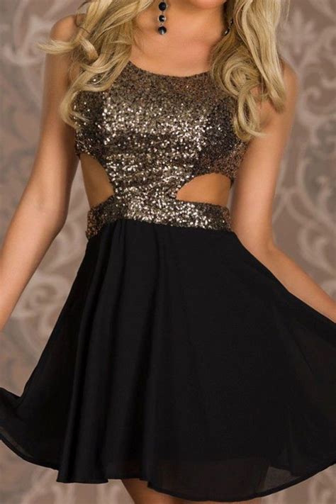 Gold Sequined Cutout Top Skater Dress With Flouncy Skirt Dresses