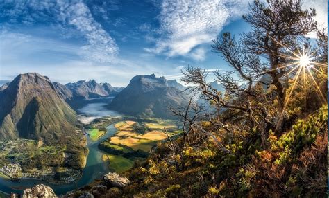 Cityscape Sun Rays Valley Trees Mountain River Field