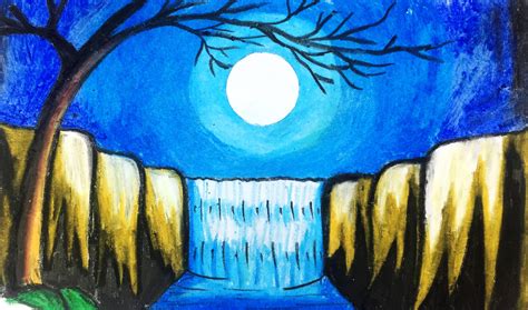 How To Draw Beautiful Moonlight Over The Lake Scenery Oil Pastels