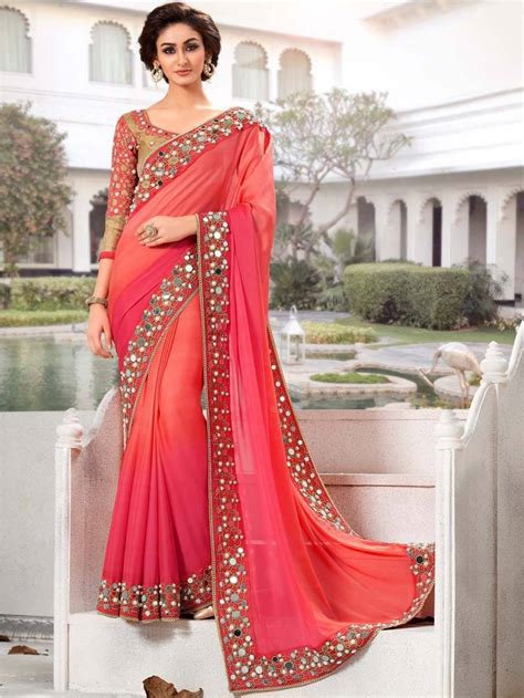 buy pink georgette mirror work saree with blouse piece online