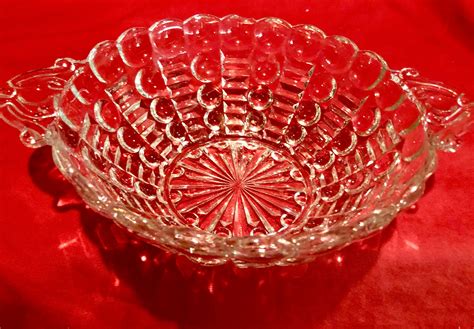 Vintage Clear Bubble Depression Glass Serving Bowl With Handles