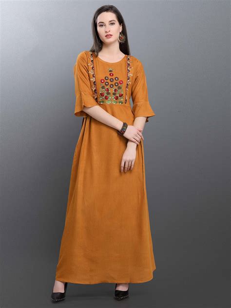 Designer Readymade Long Kurti In Musturd Yellow Color Fabricated On