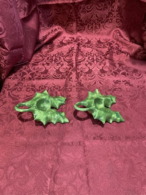 Vintage 1977 Ceramic Mold Hand Painted Holly Leaf Candle Holders Ebay
