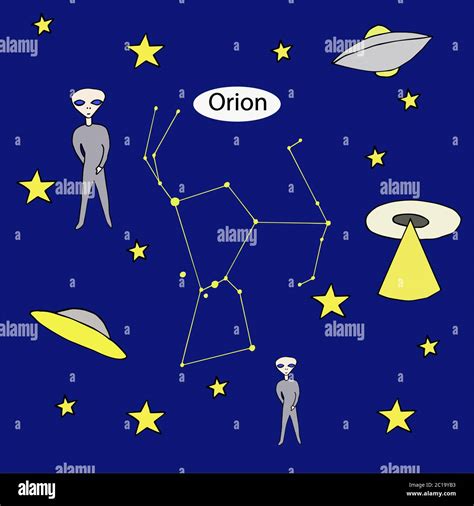 Isolated On Blue Drawing Aliens Space Constellations Orion And Flying