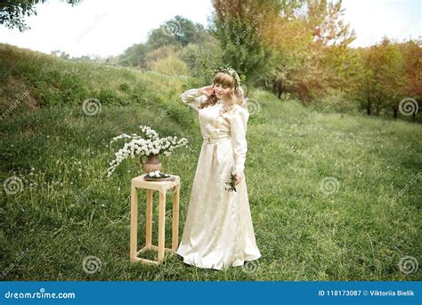 Portrait Of Beautiful Lady With Wreath On Head In Green Field Outdoors Stock Image Image Of