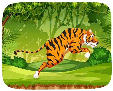 Premium Vector A Tiger Jumping In Forest