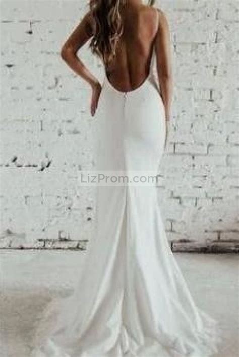 White V Neck Spaghetti Straps Long Mermaid Slit Wedding Prom Dress