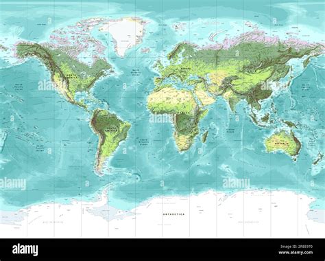 Detailed Physical World Map Miller Projection Stock Vector Image And Art