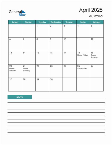 April 2025 Monthly Calendar With Australia Holidays