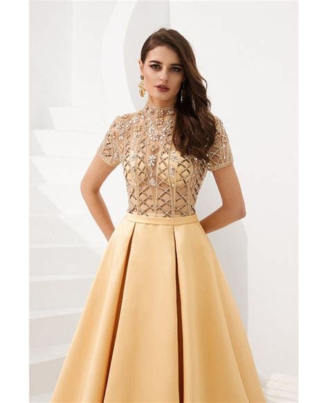 Gorgeous Long Gold Formal Prom Dress With Beading Sleeves F005c