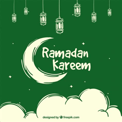 Green Background Of Ramadan Kareem With Moon And Clouds Vector Free