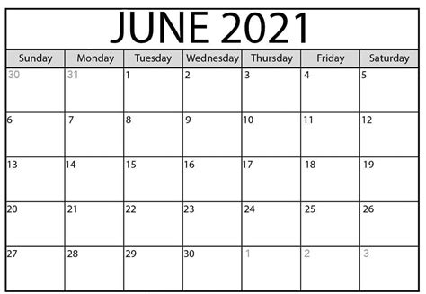 Blank June Calendar 2021 Editable Template Free Download