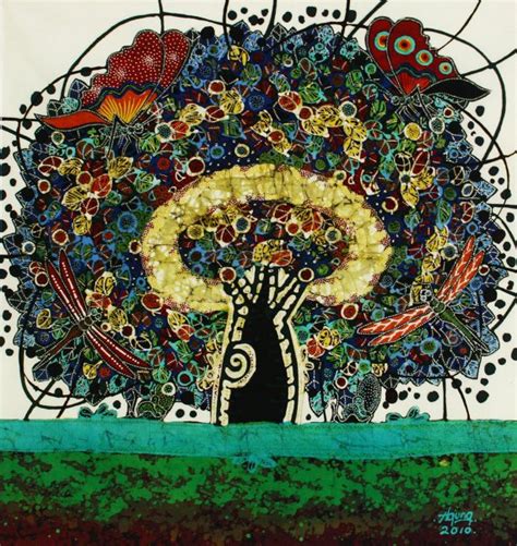 Original Batik Art Painting On Cotton Tree Of Life By Agung 45cm X