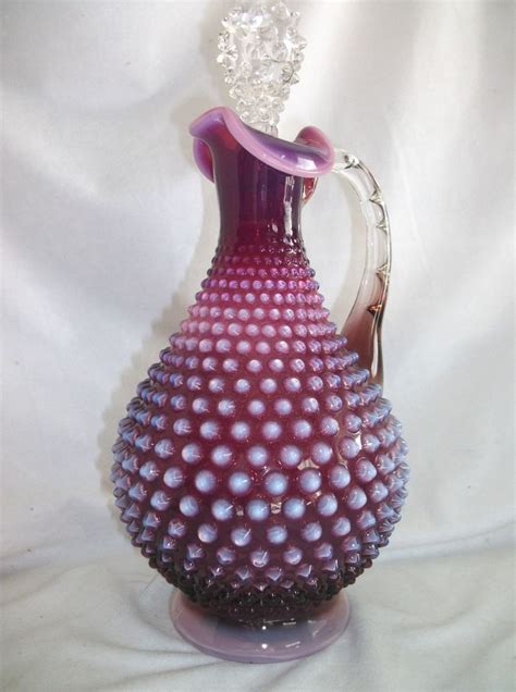 Fenton Plum Opalescent Hobnail Handled Wine Decanter Vintage Fenton Opalescent Hobnail