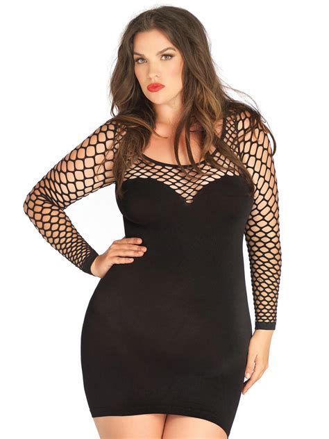 Plus Size Full Figure Long Sleeve Diamond Net Mini Dress