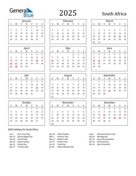 2025 South Africa Calendar With Holidays