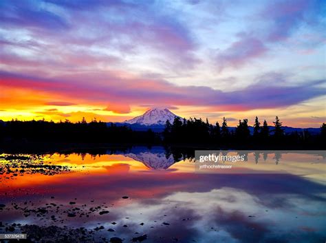 Fiery Sunrise Over Mt Rainier High Res Stock Photo Getty