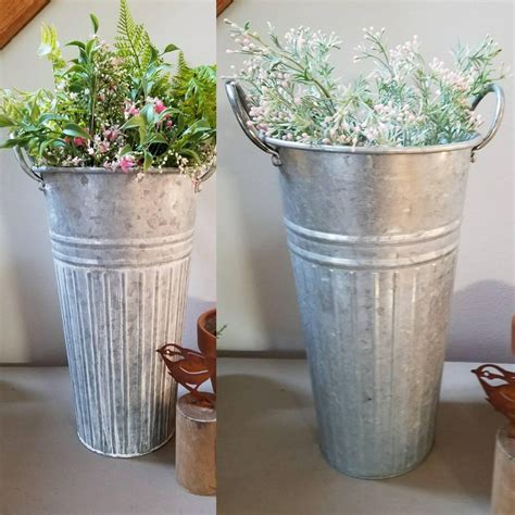 Tall Galvanized Ribbed Metal Planter Bucket Vase With Faux Blueberry