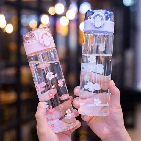 Kawaii Sakura Glass Water Bottle Portable Leak Proof Transparent