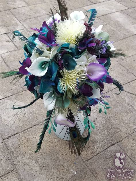 dress my wedding purple teal peacock cascading bouquet