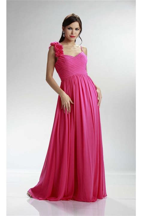 A Line Sweetheart Long Hot Pink Chiffon Ruched Bridesmaid Dress Flower